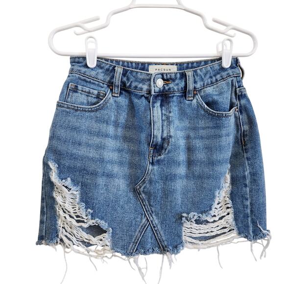 Pacsun Frayed Hem Denim Medium Wash Cut Off Jean Mini Skirt Blue Cotton Size 26 - Picture 1 of 7